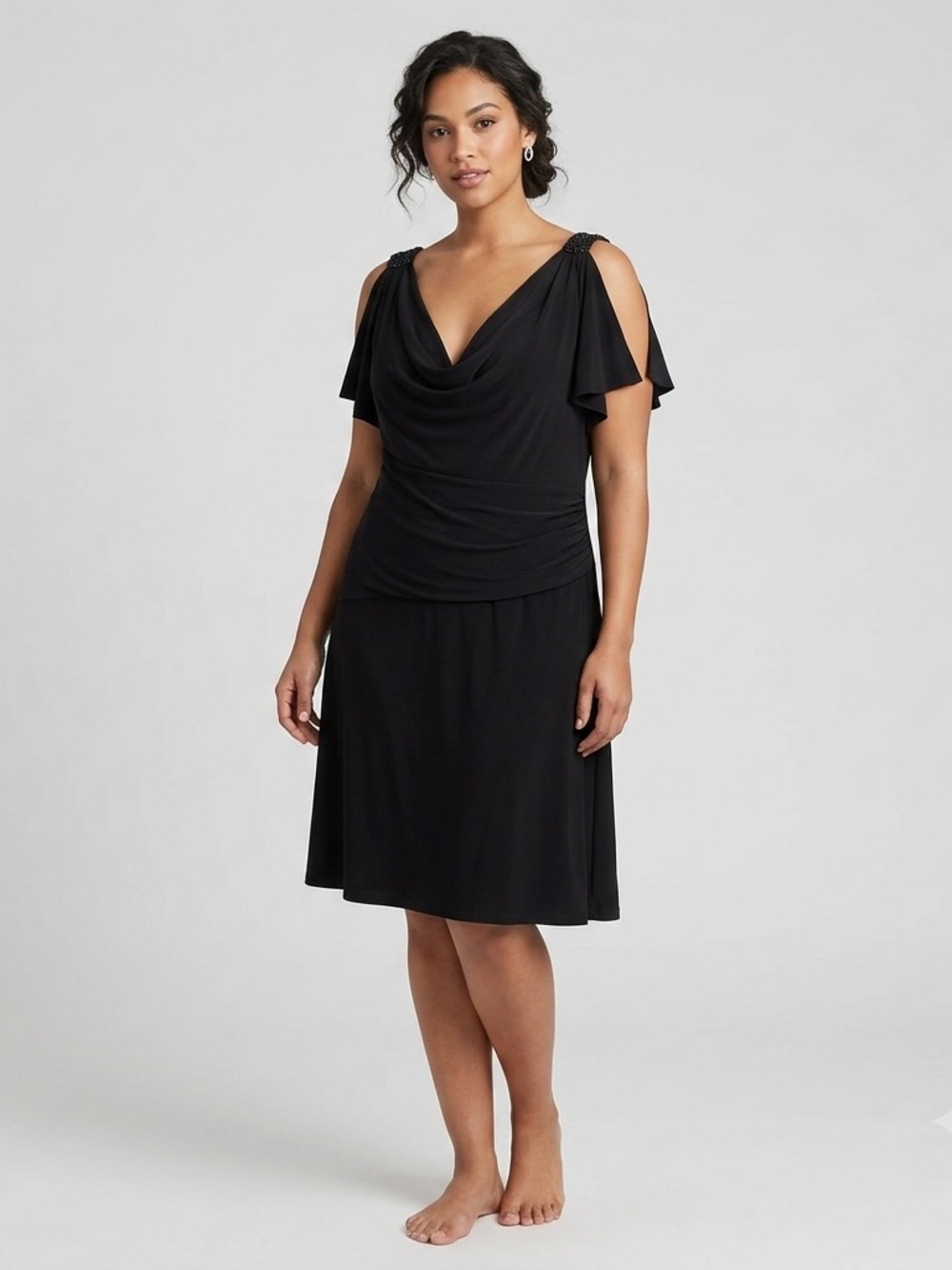 Chaps Black Cowl Neck Cocktail Dress XL Beaded Shoulder LBD Drape-Front Chic